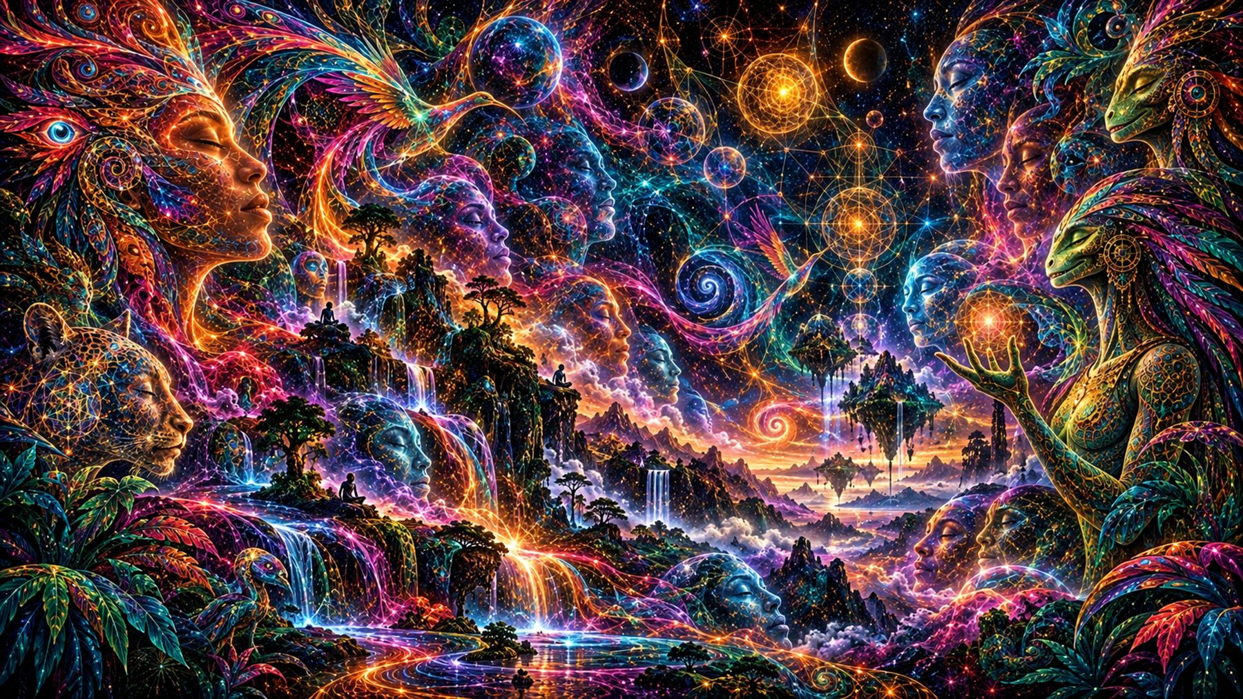 A glowing jungle of light with faces woven through it